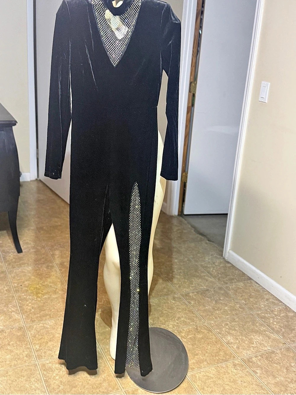 Fashion Nova Black Long Sleeve Flare Jumpsuit with mesh rhinestones